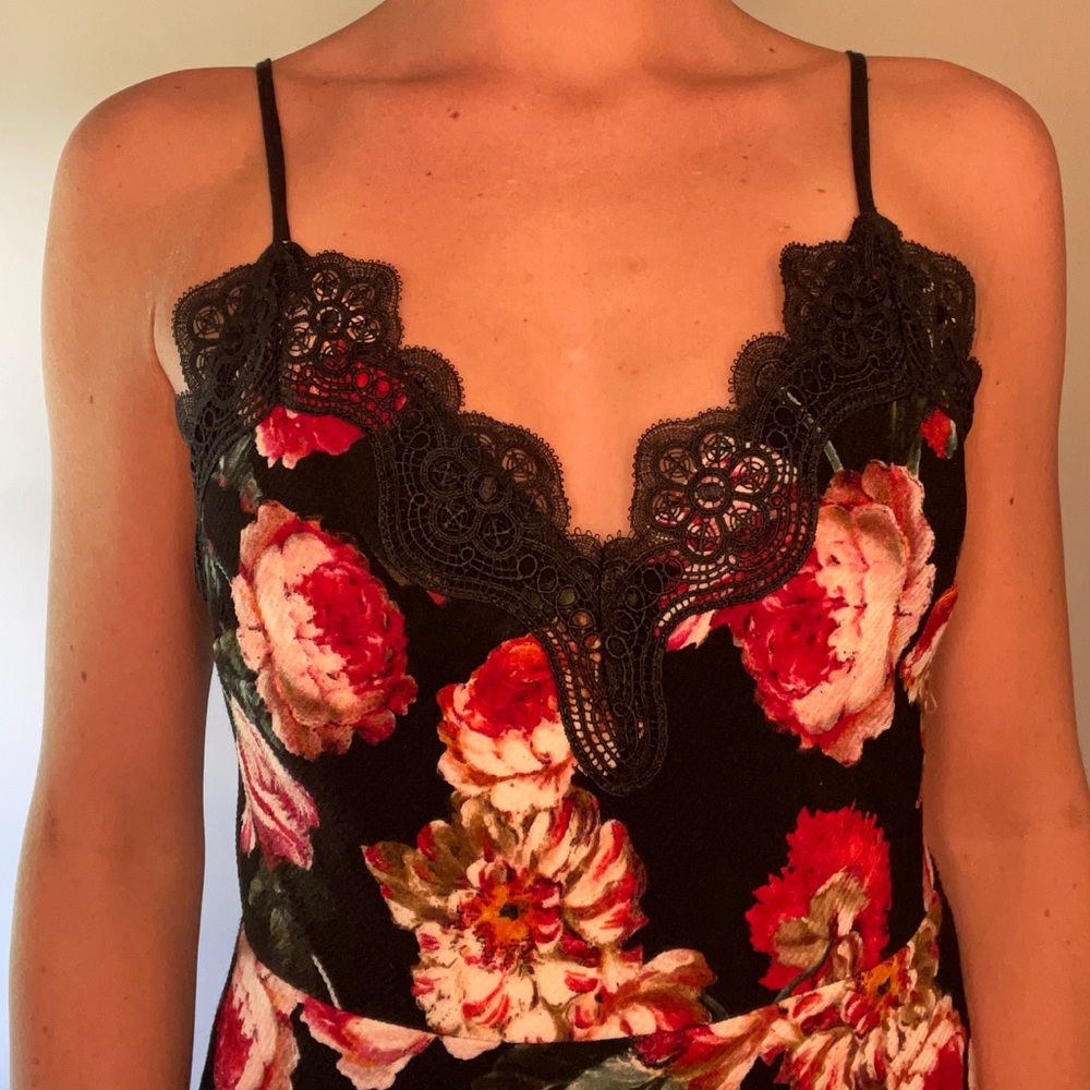 Red and pink floral Anthropologie Foxiedox midi dress